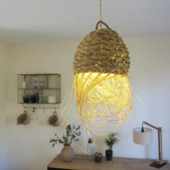 Abat-jour pour luminaire bohème marocain rond en paille
