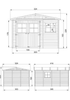 Abri de jardin en bois avec les planchers imprégné - h226x324x416 cm -12 m²