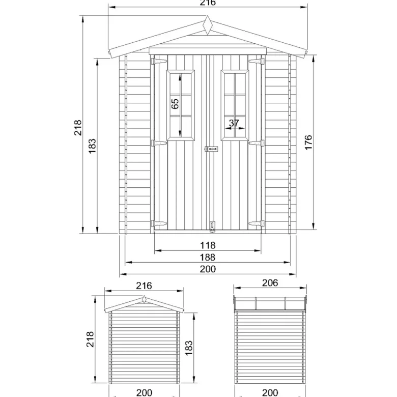 Abri de jardin en bois avec sol traité l216xl206xh218 cm - 3.53 m2