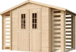 Abri de jardin en bois range bûches extérieur avec sol traité 3,53+2x0,97m2
