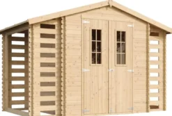 Abri de jardin en bois range bûches extérieur avec sol traité 3,53+2x0,97m2