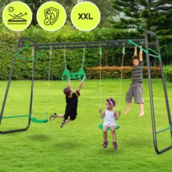 Aire de jeux jardin xxl hypermotion - portique acier 2 sièges, échelle & trapèze