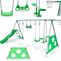 Aire de jeux xxxl avec balançoires, toboggan et panier de basket