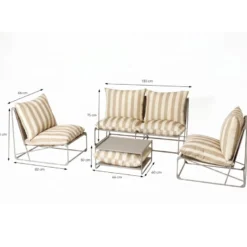 Andria salon de jardin 4 places à rayures taupe et beige avec table basse