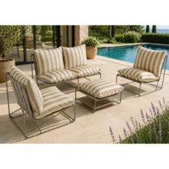 Andria salon de jardin 4 places à rayures taupe et beige avec table basse