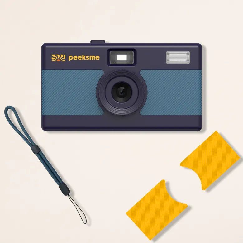 Appareil photo peeksme bleu + 1 paire de clips jaune + 1 lanière bleue