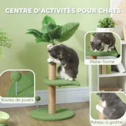 Arbre à chat design tropical - plateforme, griffoir, 2 jeux boules - beige vert