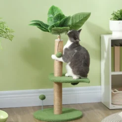 Arbre à chat design tropical - plateforme, griffoir, 2 jeux boules - beige vert