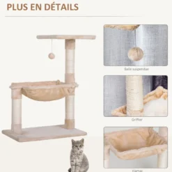 Arbre à chat 3 griffoirs, plateforme, hamac et boule suspendue