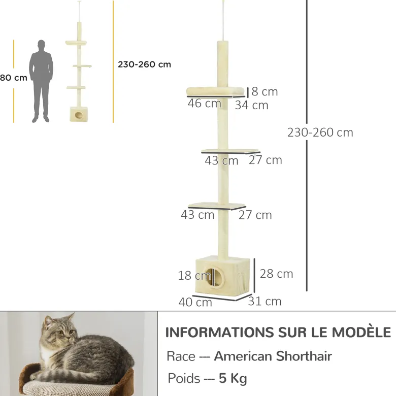Arbre à chat hauteur réglable 230-260 cm - niche, 3 plateformes - peluche beige