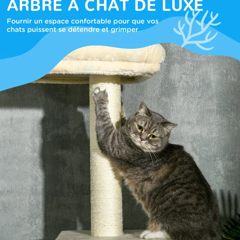 Arbre à chat hauteur réglable 230-260 cm - niche, 3 plateformes - peluche beige
