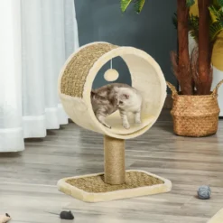 Arbre à chat rond style cosy chic avec coussin et souris suspendue