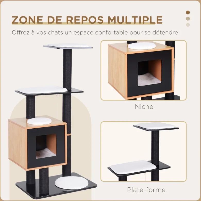Arbre à chats design contemporain noir hêtre blanc