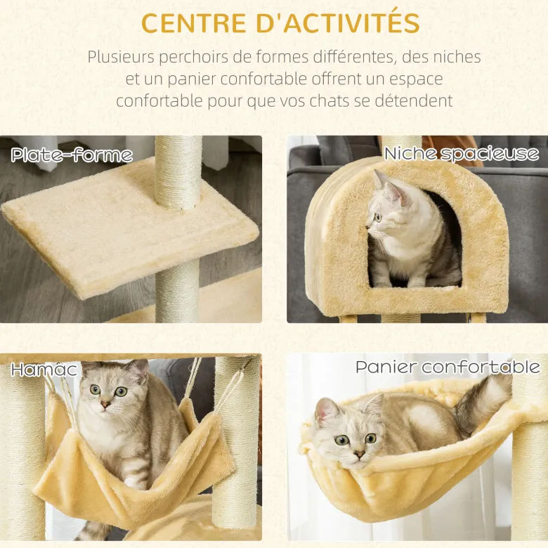 Arbre à chat style cosy chic nombreux équipements beige