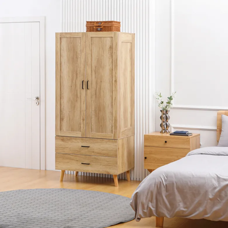 Armoire de chambre 2 portes penderie 2 tiroirs aspect chêne clair