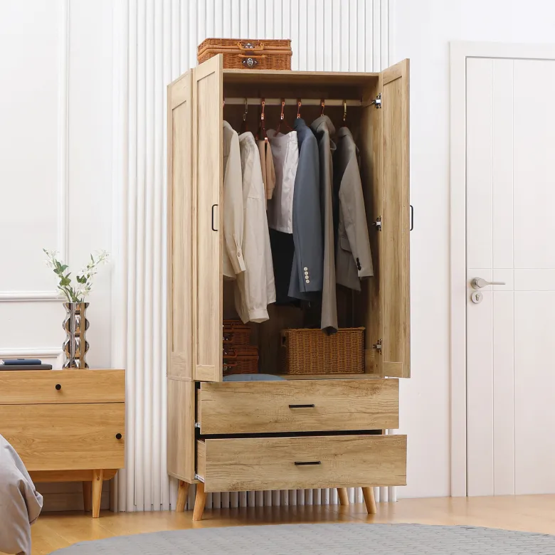 Armoire de chambre 2 portes penderie 2 tiroirs aspect chêne clair