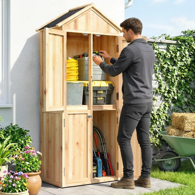Armoire de jardin bois 4 portes 4 niv. Rangement toit bitumé