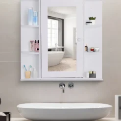 Armoire à glace 1 porte étagères latérales blanc