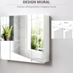 Armoire miroir de salle de bain 3 portes 2 étagères blanc