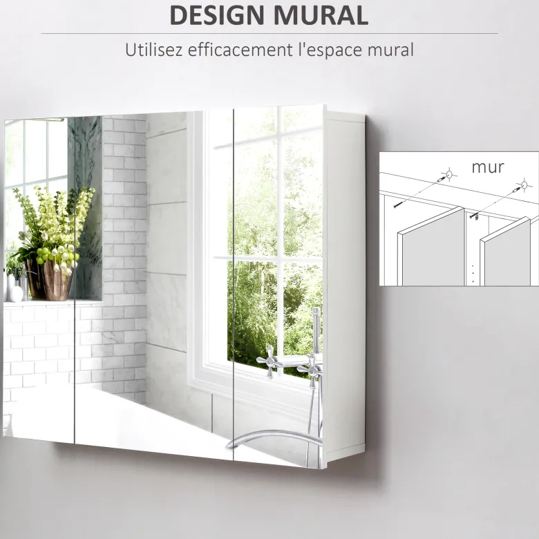 Armoire miroir de salle de bain 3 portes 2 étagères blanc