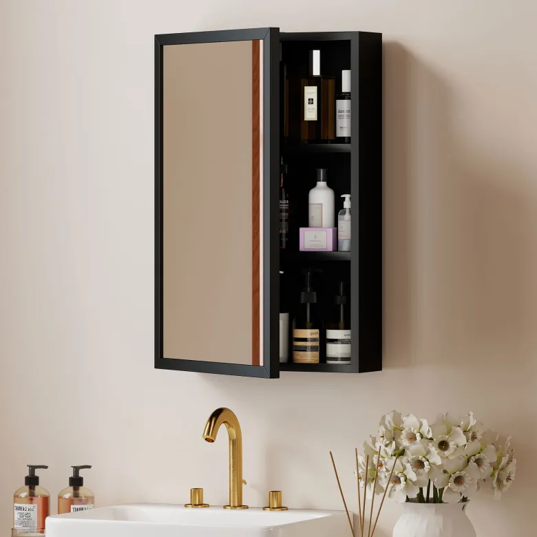 Armoire miroir murale salle de bain 2 étagères noir