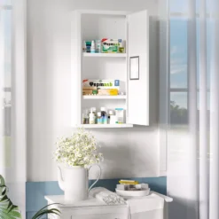 Armoire à pharmacie 2 étagères 3 niv. Logo croix acier blanc