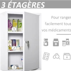 Armoire à pharmacie verrouillable 2 étagères 3 niveaux 2 clés métal blanc