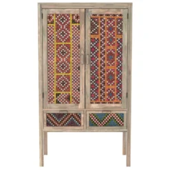 Armoire 2 portes 2 tiroirs en manguier et cannage coloré - massaï