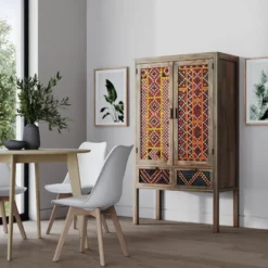 Armoire 2 portes 2 tiroirs en manguier et cannage coloré - massaï