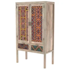 Armoire 2 portes 2 tiroirs en manguier et cannage coloré - massaï
