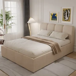 Baltimore lit coffre style nuage led 160x200cm velours beige