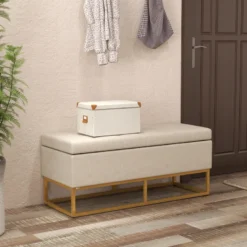 Banc coffre de rangement 2 en 1 acier doré tissu