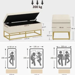 Banc coffre de rangement 2 en 1 acier doré tissu