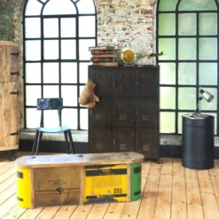 Banc coffre en bois et métal recyclé