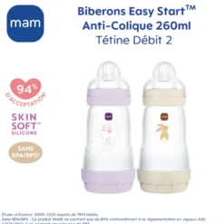 2 biberons easy start anti-colique 260ml lilas+sable tétine débit 2