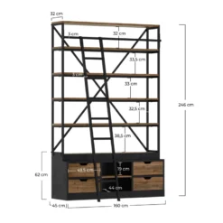 Bibliothèque 160 cm en bois et métal avec échelle, 4 tiroirs - kasi