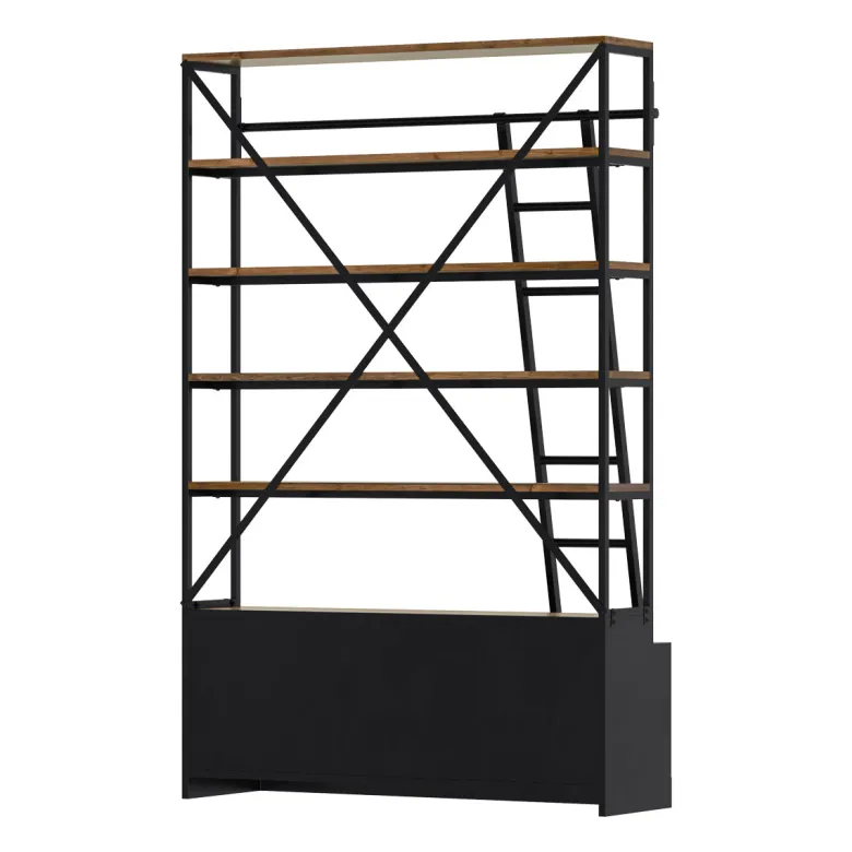 Bibliothèque 160 cm en bois et métal avec échelle, 4 tiroirs - kasi