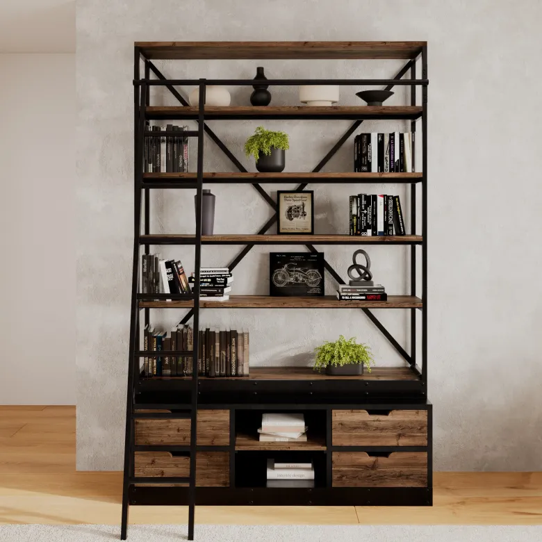 Bibliothèque 160 cm en bois et métal avec échelle, 4 tiroirs - kasi