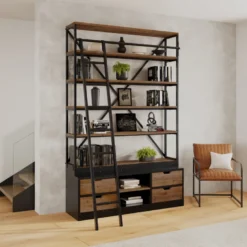 Bibliothèque 160 cm en bois et métal avec échelle, 4 tiroirs - kasi