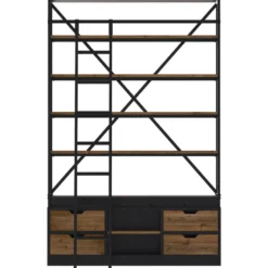Bibliothèque 160 cm en bois et métal avec échelle, 4 tiroirs - kasi
