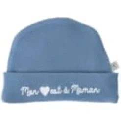 Bonnet de naissance doublé pur coton mon cœur est à maman pierre bleue