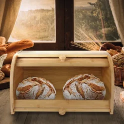 Boîte à pain bambou avec planche à découper et porte coulissante