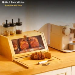 Boîte à pain en bambou avec vitre et planche à découper intégrée