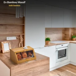 Boîte à pain en bambou avec vitre et planche à découper intégrée
