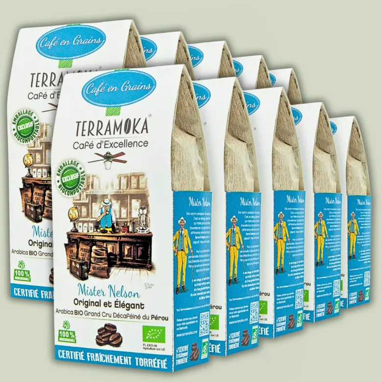 Box de 10 x 200 g de cafés grain bio décaféiné du pérou