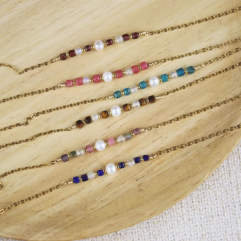 Bracelet de perles carrées en pierres naturelles : tourmaline multicolore