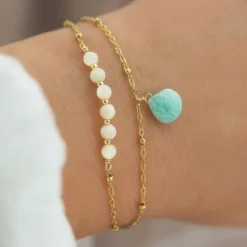 Bracelet double rang perles de nacre et pierre d'amazonite