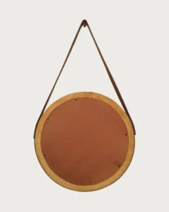 Brio - miroir rond pour salle de bain en bois et lanière en cuir