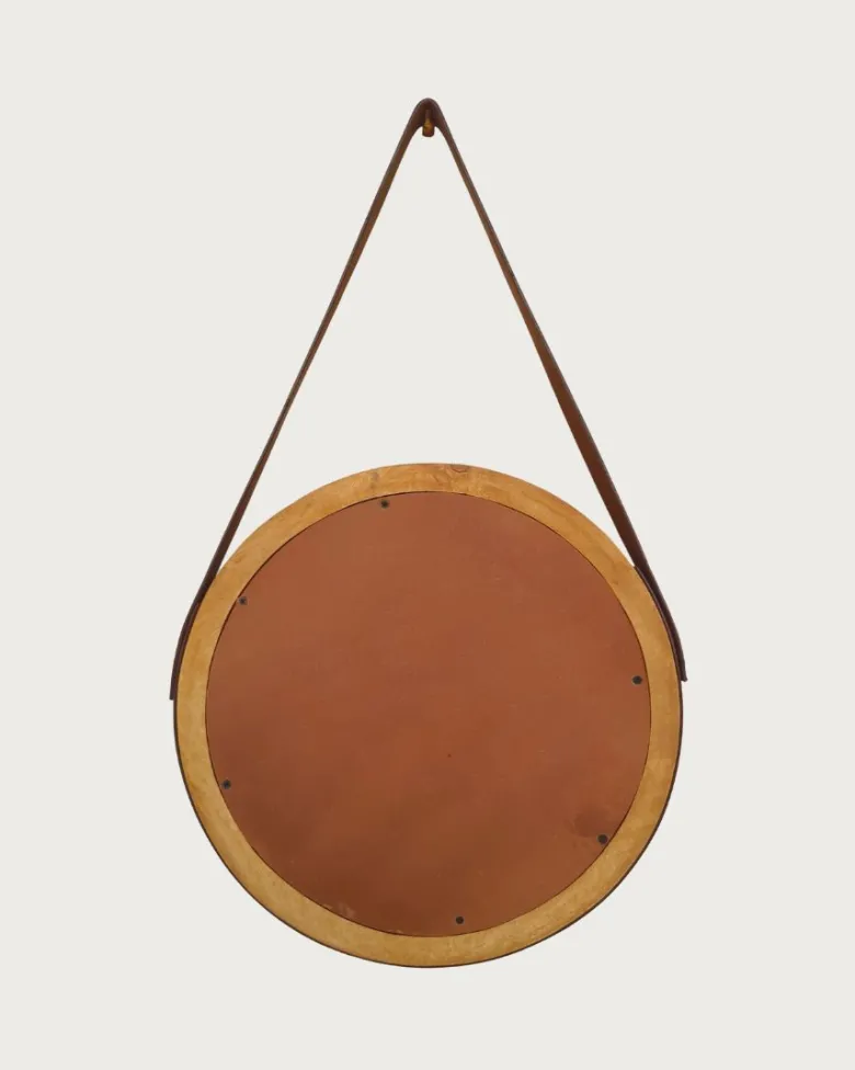 Brio - miroir rond pour salle de bain en bois et lanière en cuir