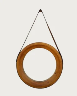 Brio - miroir rond pour salle de bain en bois et lanière en cuir